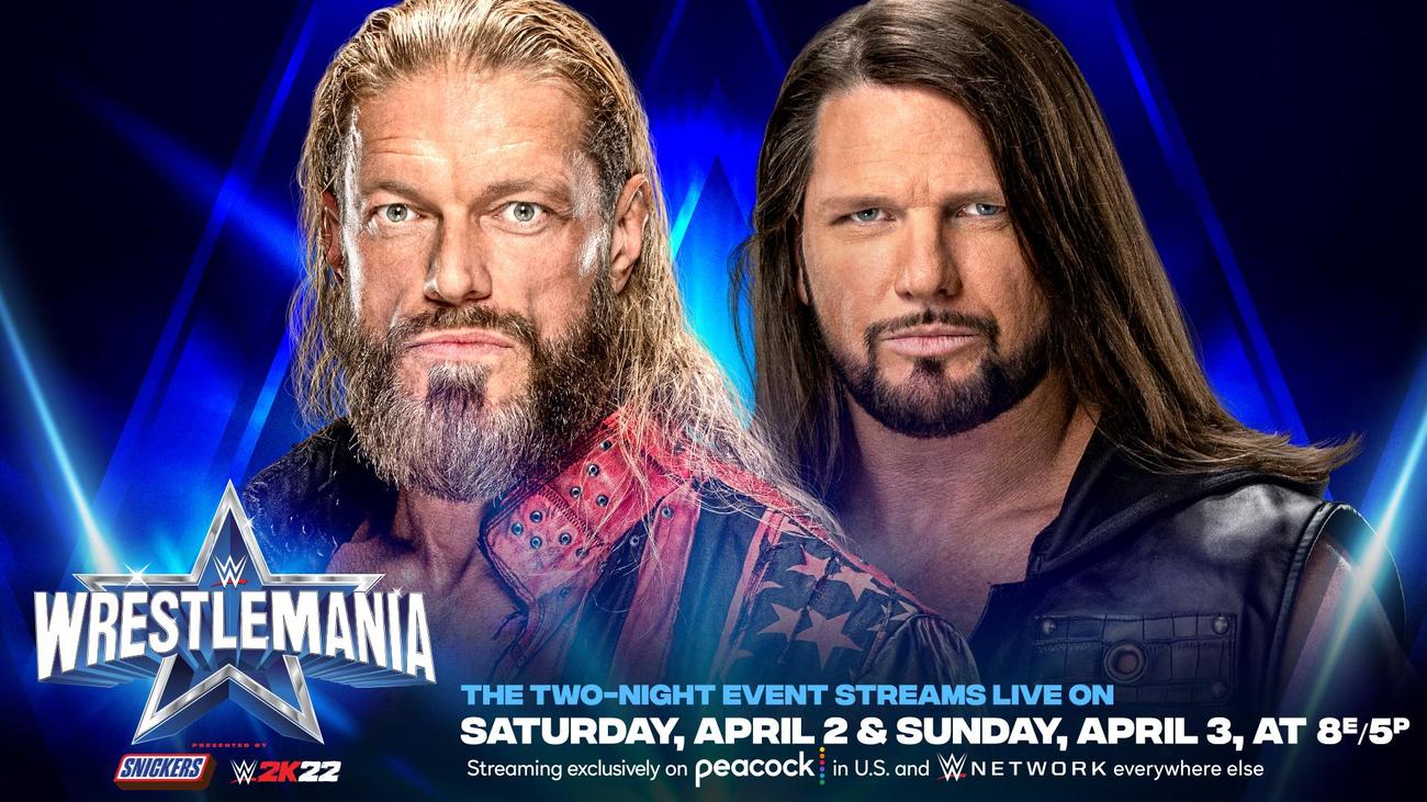 4月のレッスルマニア38大会でエッジ（左）と対決するAJスタイルズ（C）2022 WWE, Inc. All Rights Reserved.