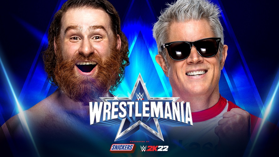 4月のレッスルマニア38大会で対戦するゼイン（左）とタレントのノックスビル（C）2022 WWE, Inc. All Rights Reserved.