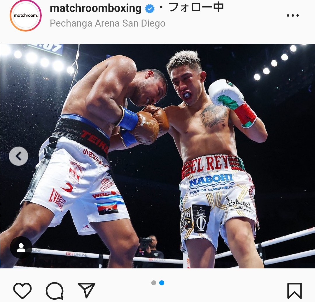 WBC世界フライ級王者マルティネス（右）と打ち合う元世界4階級制覇王者ゴンサレス（マッチルーム社の公式インスタグラムより）