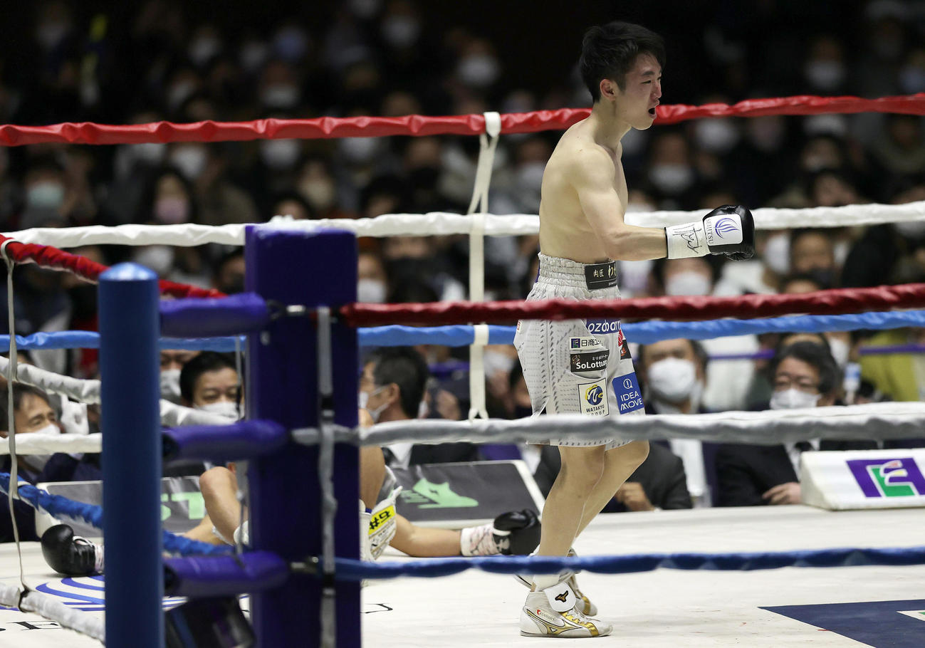 3回、矢吹（左）に強烈な右ストレートを見舞いダウンを奪う寺地（撮影・前田充）