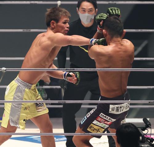 ストラッサー起一(右)にパンチを見舞う阿部大治(撮影・上田博志)
