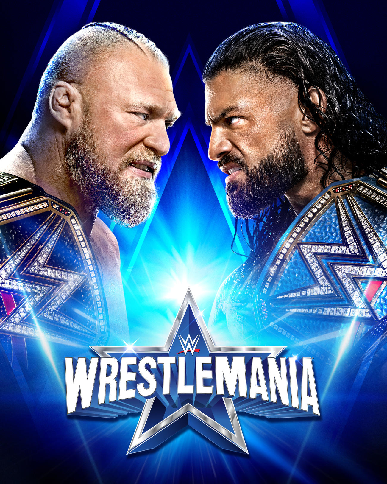 祭典で王座統一戦に臨むWWEヘビー級王者ブロック・レスナー（左）とWWEユニバーサル王者ローマン・レインズ（C）2022 WWE, Inc. All Rights Reserved.