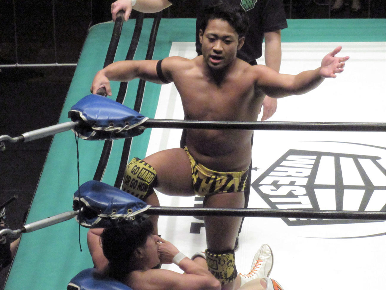 宮脇純太を踏みつけて勝ち誇るH・Y・O（中央）（撮影・勝部晃多）