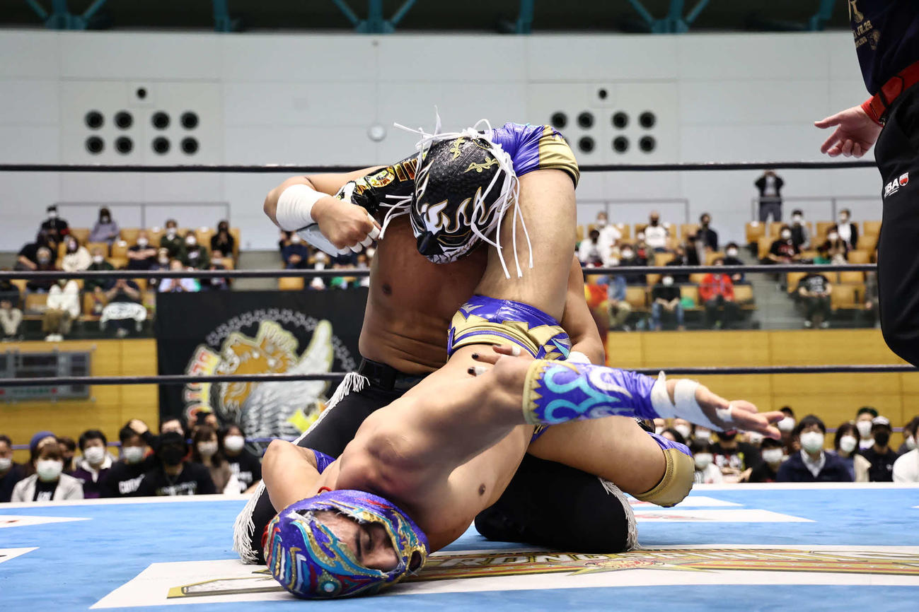 ティタン（下）にマフラーホールドをかけるデスペラード（提供・新日本プロレス）