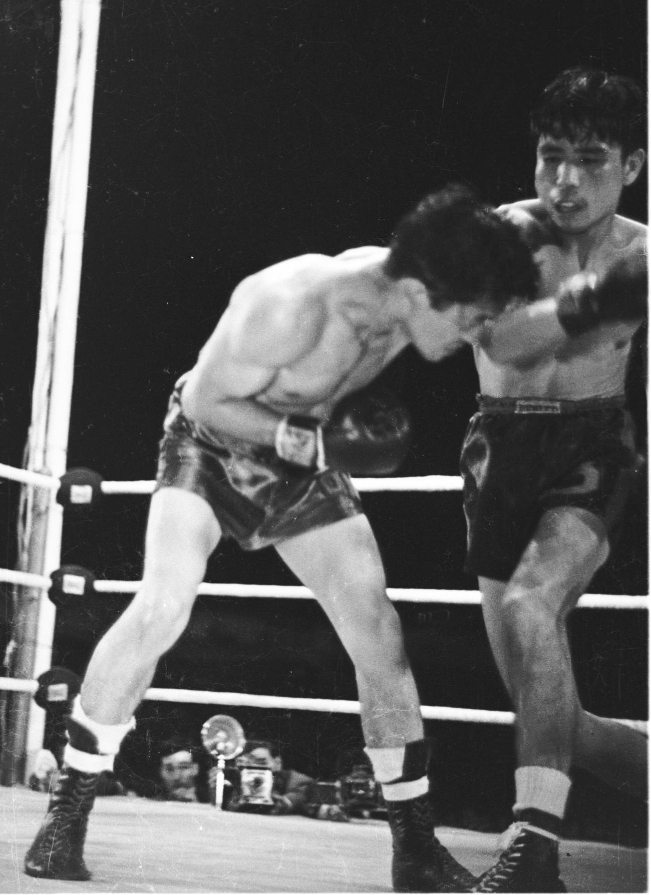 52年5月、白井義男（右）の右ショートストレートがマリノのアゴにヒット