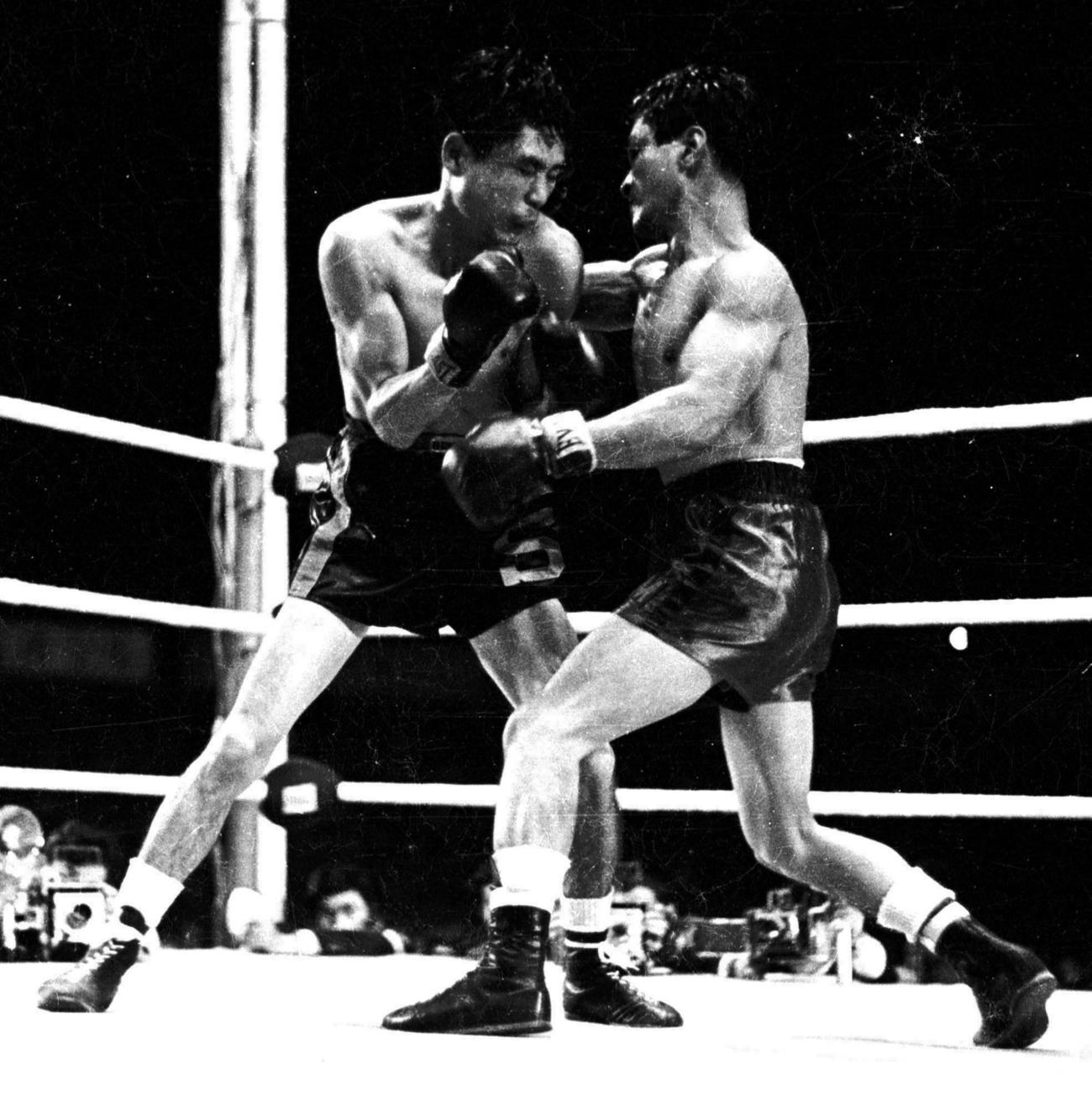 52年5月、白井義男（左）は日本人として初めて世界に挑戦し、ダド・マリノと激しい戦いを見せる