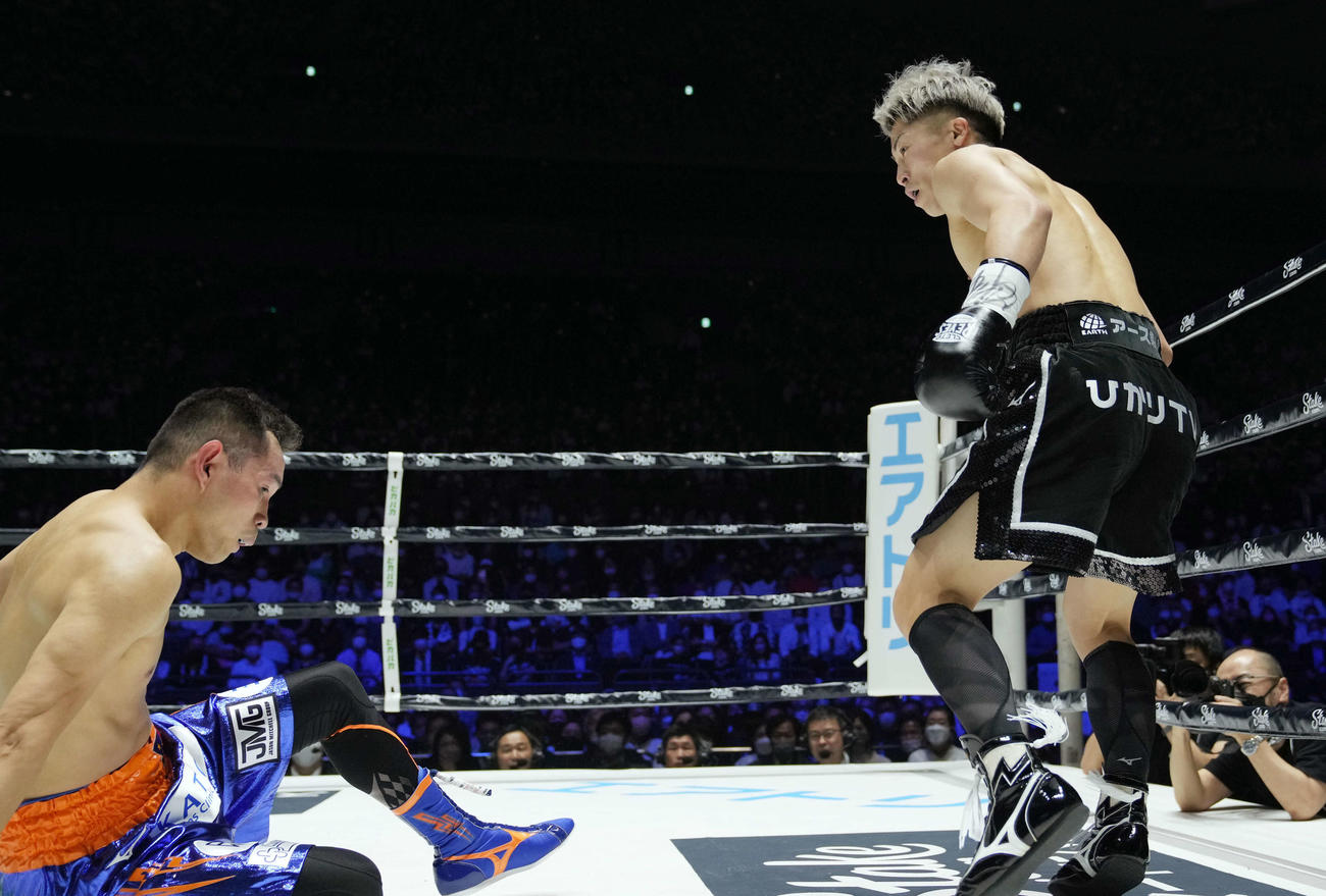 1回、ドネア（左）からダウンを奪う井上尚（撮影・菅敏）