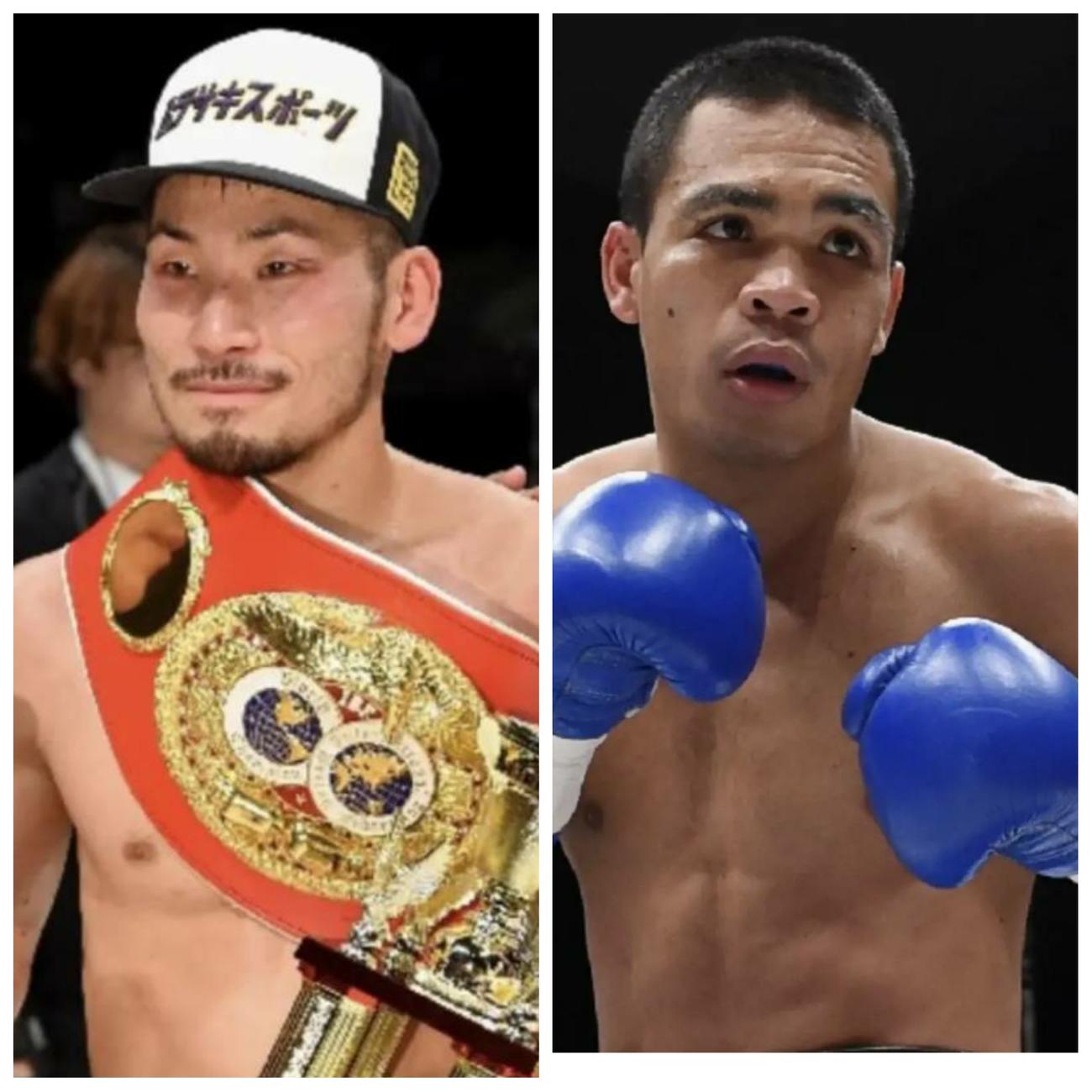 10月25日にフェザー級転向第1戦に臨む元IBF世界スーパーバンタム級王者岩佐亮佑（左）。右は対戦相手のゼネシス・カシミ・セルバニア（大橋ジム提供）