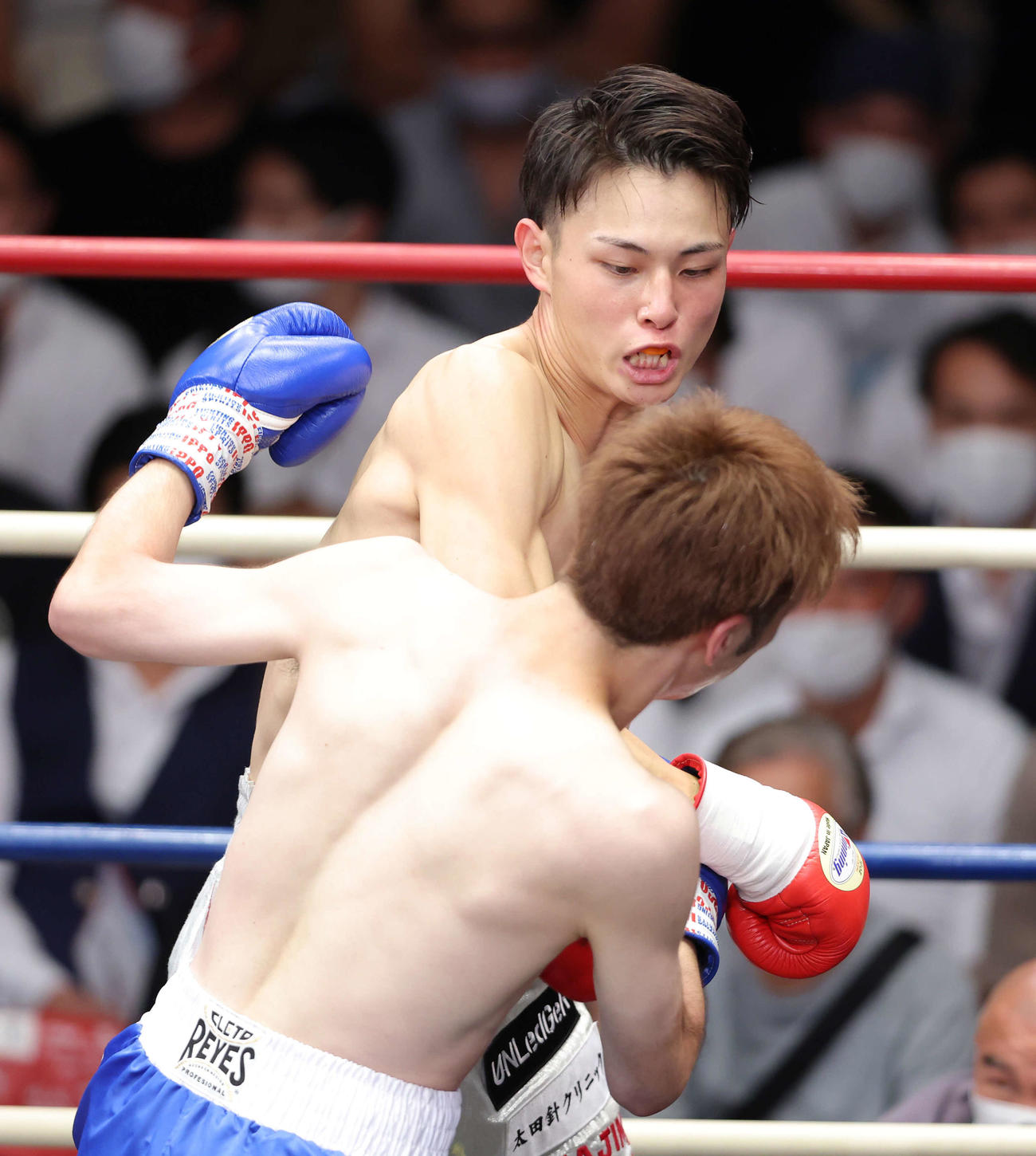 1回、磯谷大心（奥）は田中慧士に右フックを放つ（撮影・河田真司）