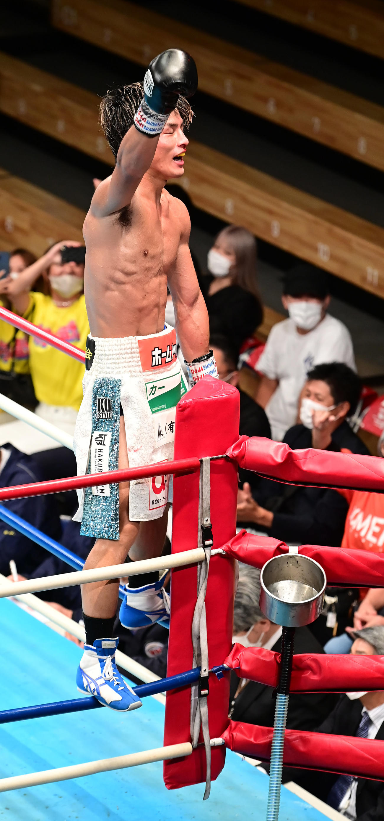 12回、TKO勝ちを収めコーナートップで感極まる木村（撮影・小沢裕）