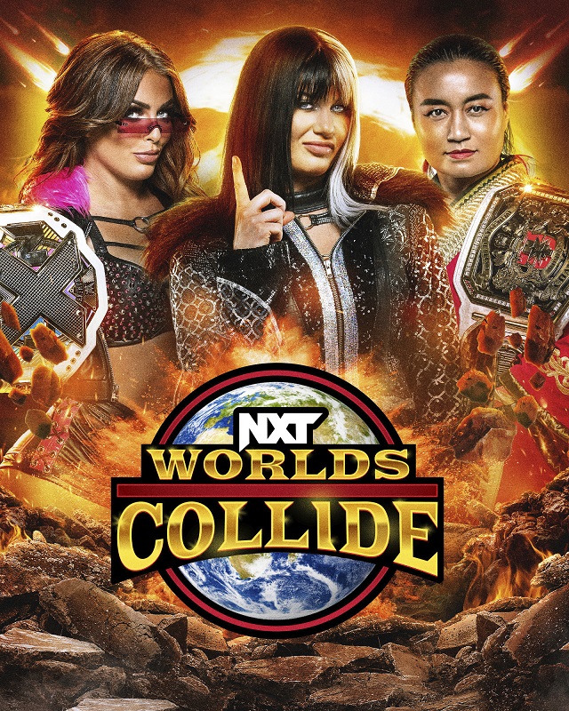 4日のNXTワールド・コライド大会で3WAY形式NXT、NXT・UK女子王座統一戦に臨むマンディ・ローズ（左端）、ブレア・ダベンポート（中央）、里村明衣子（C）2022 WWE, Inc. All Rights Reserved.