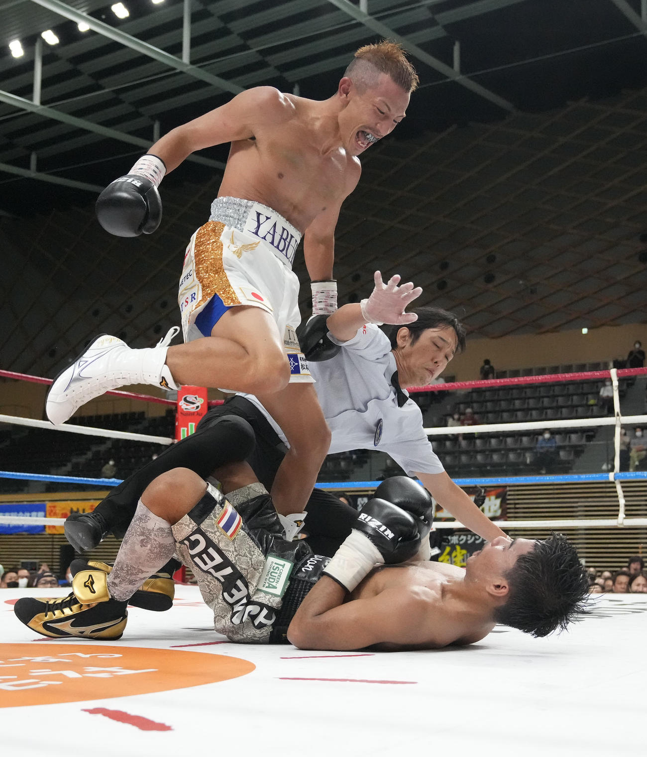 矢吹正道対タノンサック　7R、強烈なパンチでダウンしたタノンサックを見下ろしほえる矢吹（左）（撮影・森本幸一）