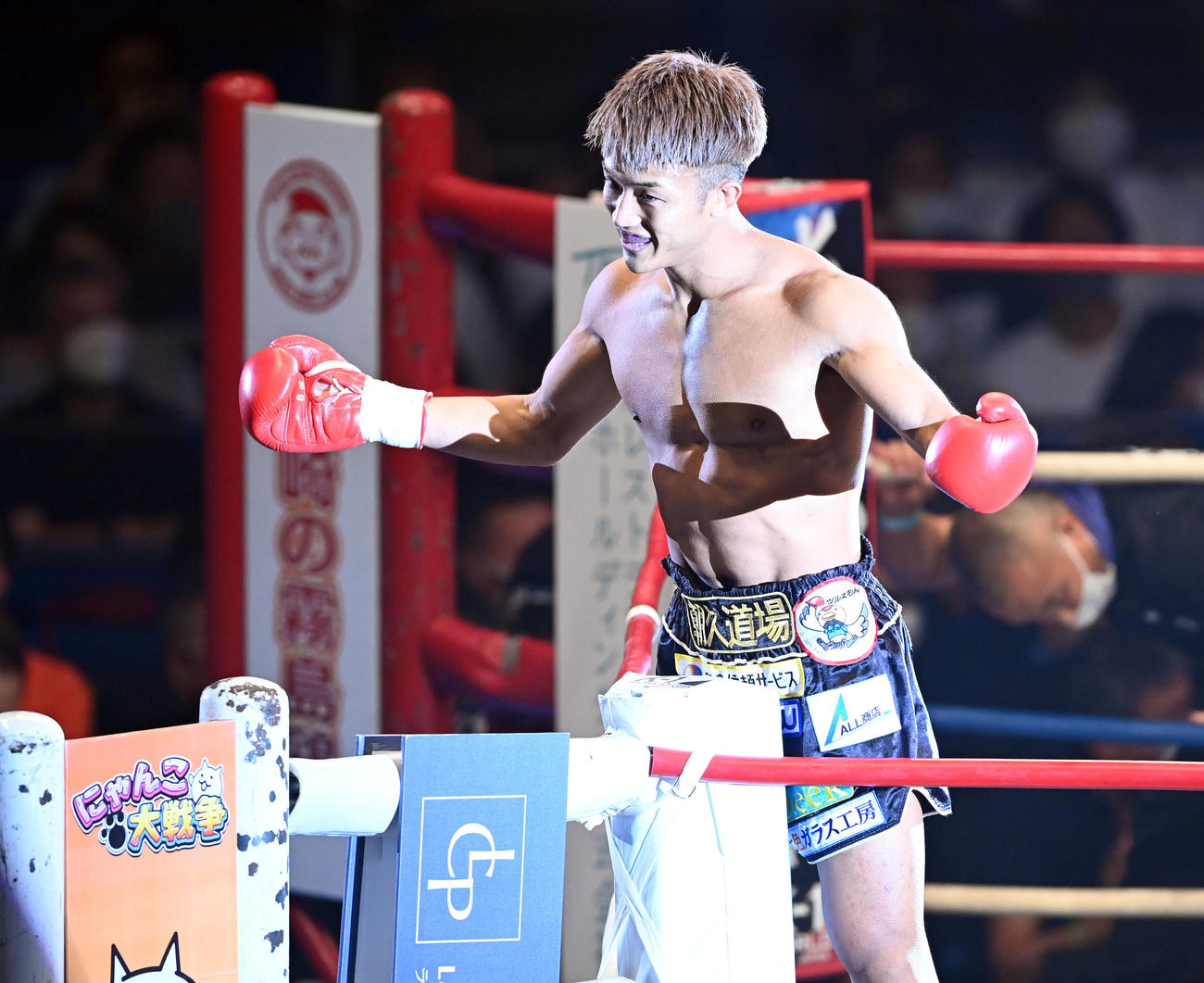 スーパーフェザー級王座決定戦トーナメント　準決勝1回、横山朋哉にKO勝ちした朝久裕（撮影・たえ見朱実）