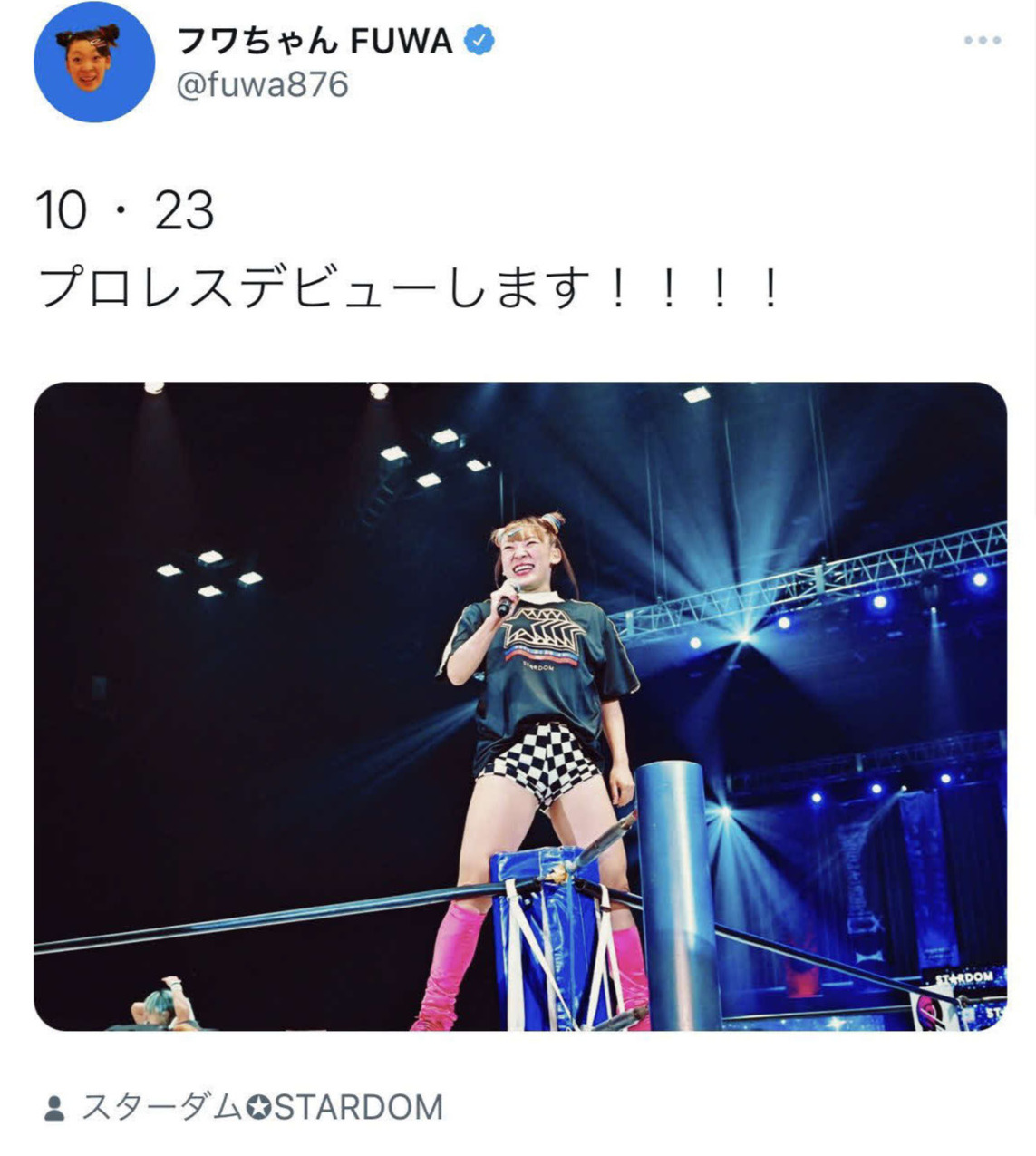 プロレスデビューを報告するフワちゃん（自身の公式ツイッターより）