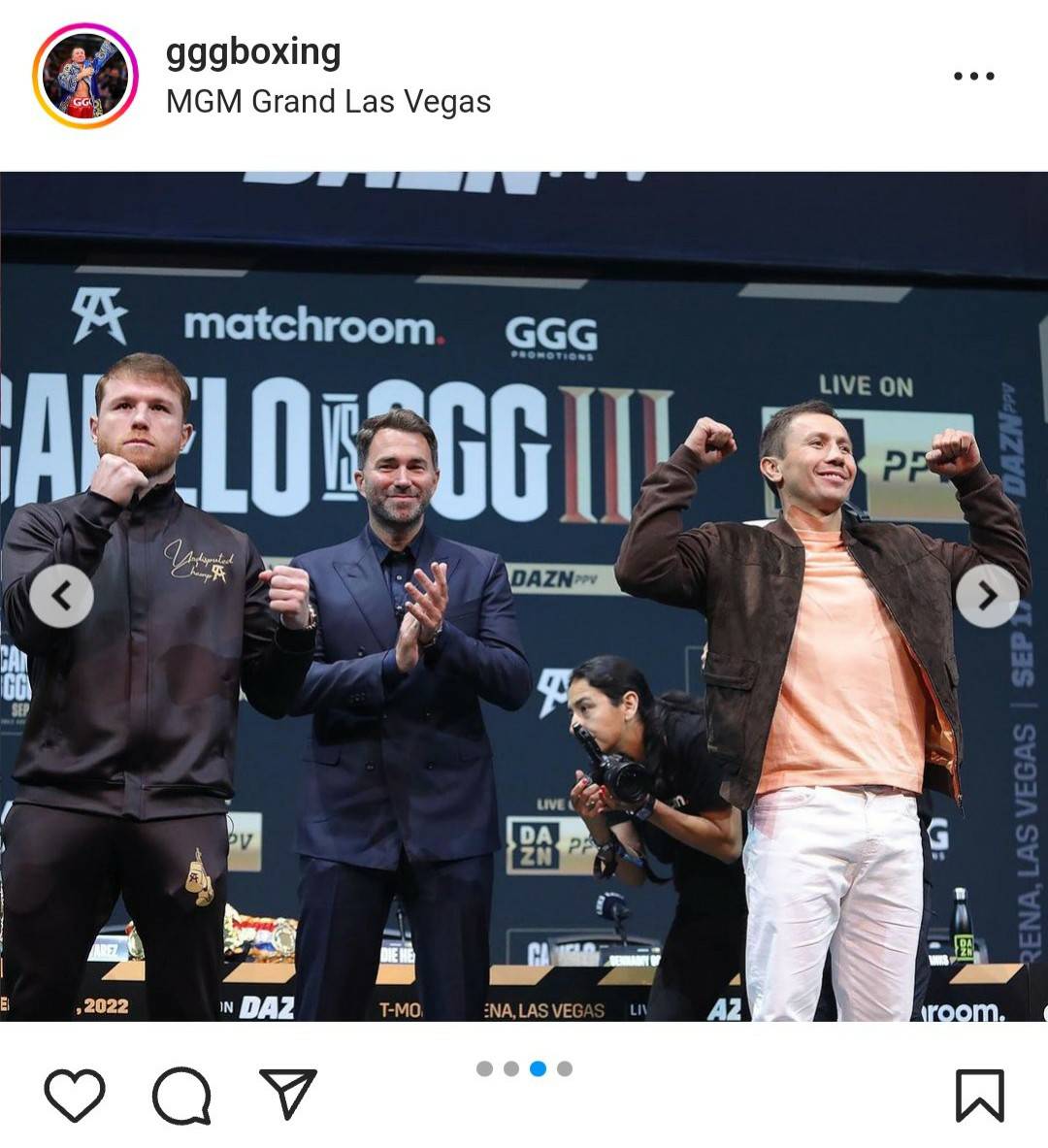 3度目対決に向け、サウル・アルバレス（左端）と最終会見に臨んだゲンナジー・ゴロフキン（右端）（ゴロフキンのインスタグラムより）
