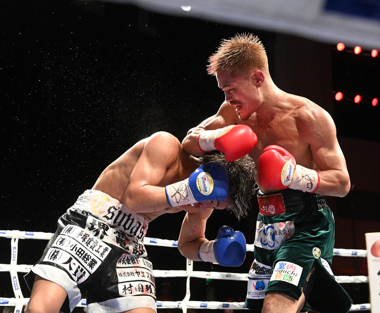 日本スーパーフェザー級タイトルマッチ　6回、右で奈良井（左）からダウンを奪う坂（撮影・前岡正明）