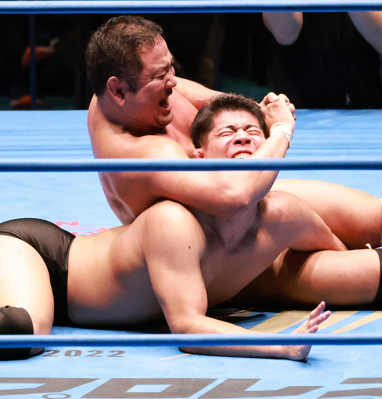 デビュー戦で永田（左）のナガタロックで沈む安齊（撮影・中島郁夫）