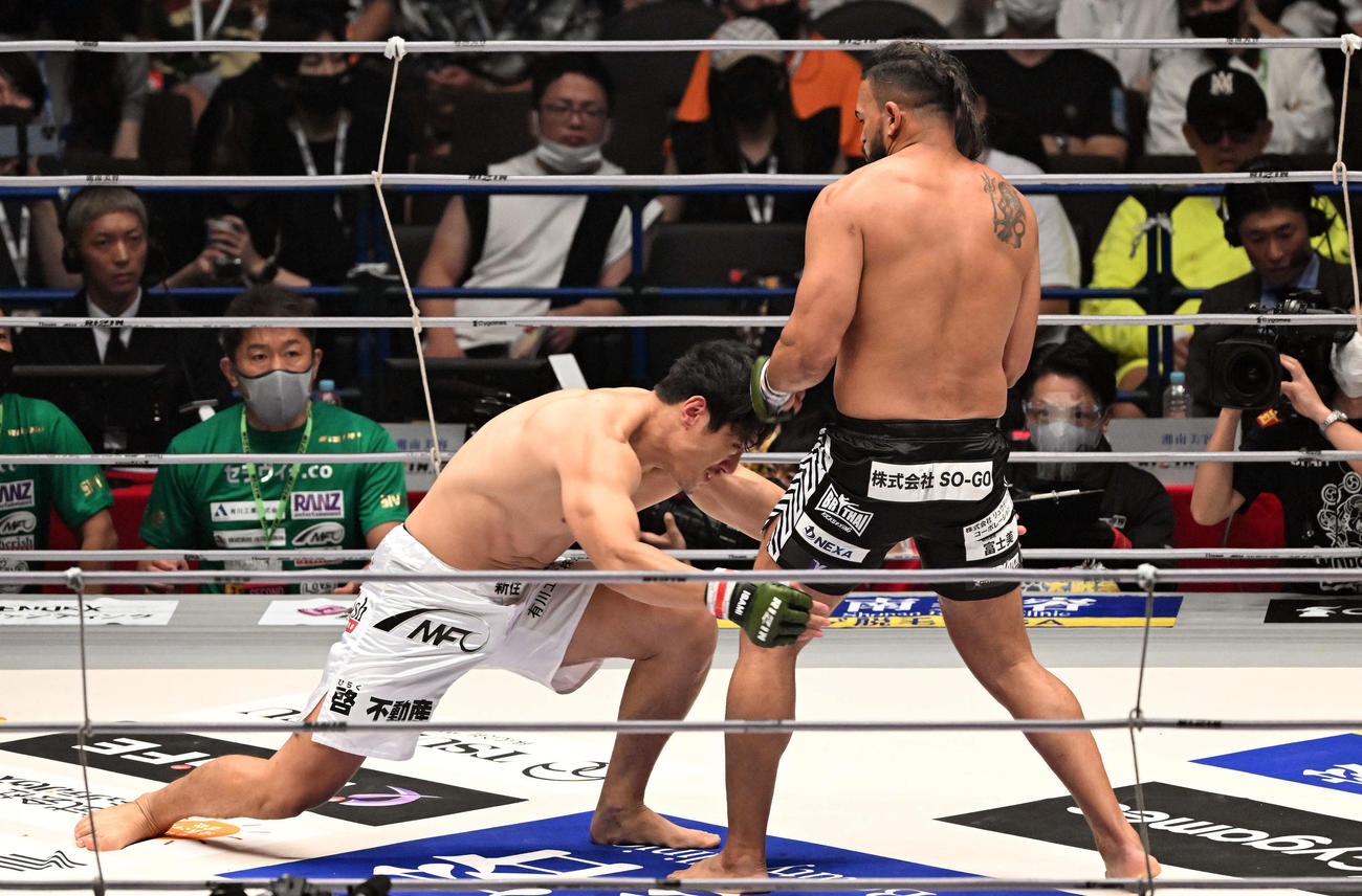 シビサイ頌真（左）はカルリ・ギブレインにタックルを見舞う（撮影・滝沢徹郎）