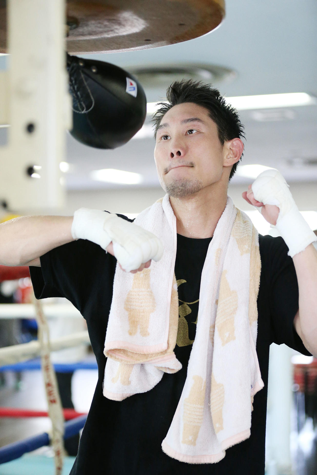 帝拳ジム　パンチングボールを使うWBOインターコンチネンタル・ライト級王者中谷（撮影・宮地輝）