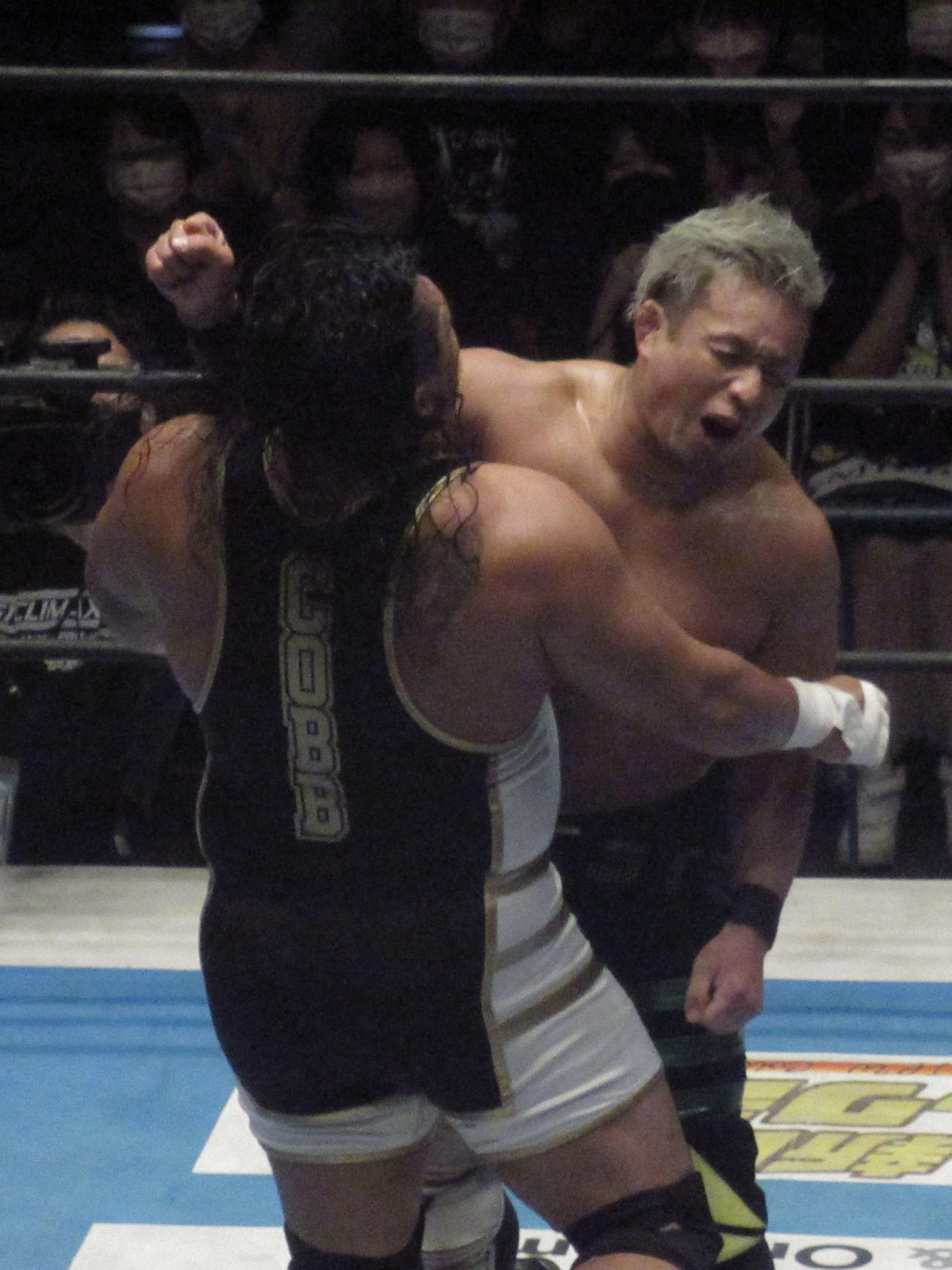 コブ（手前）にラリアットを決めるYOSHI－HASHI（撮影・勝部晃多）