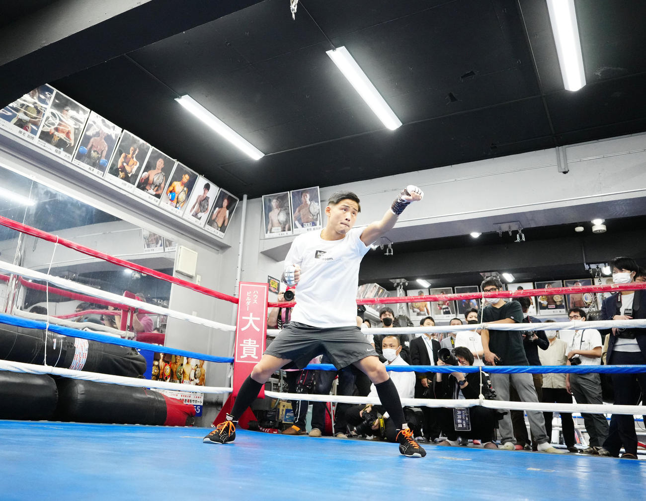 報道陣に練習を公開するWBA世界ライトフライ級スーパー王者の京口（撮影・江口和貴）