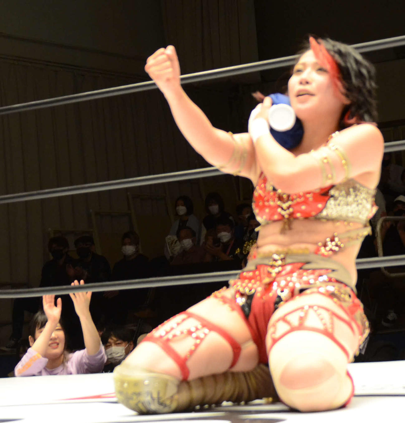 スターダム後楽園大会　試合に勝利し、マイクパフォーマンスをする林下詩美（撮影・松熊洋介）
