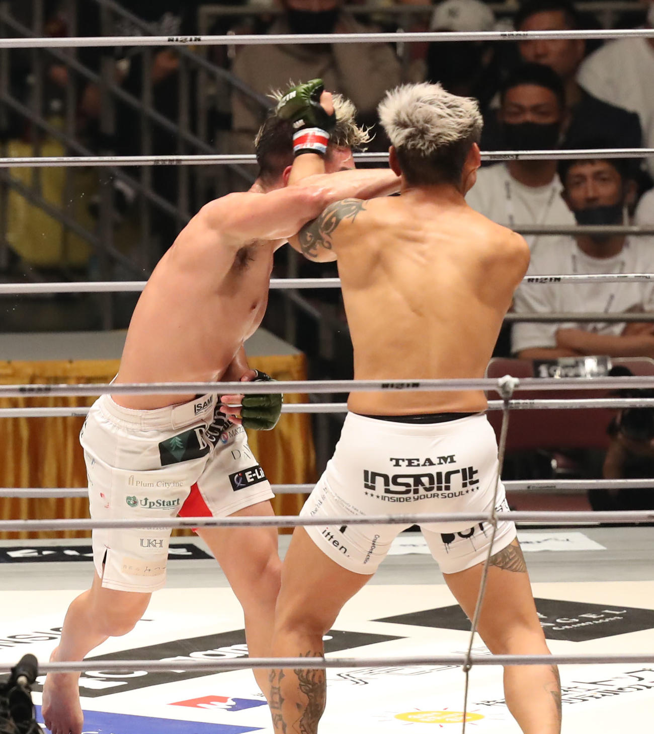 佐々木信治対宇佐美正パトリック　3回、佐々木（右）にパンチを見舞う宇佐美正パトリック（撮影・屋方直哉）