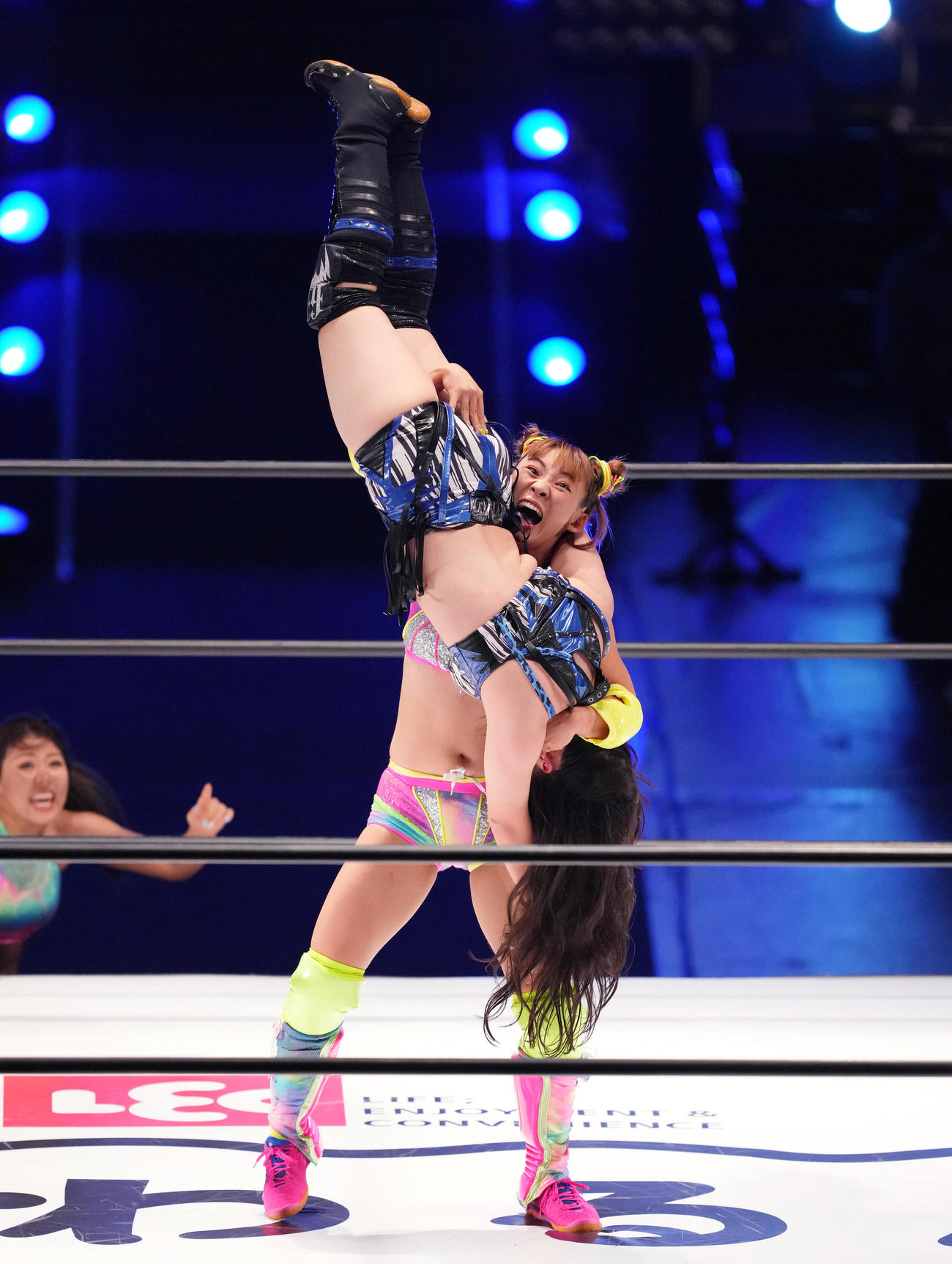 デビュー戦で妃南（下）を持ち上げるフワちゃん（撮影・菅敏）