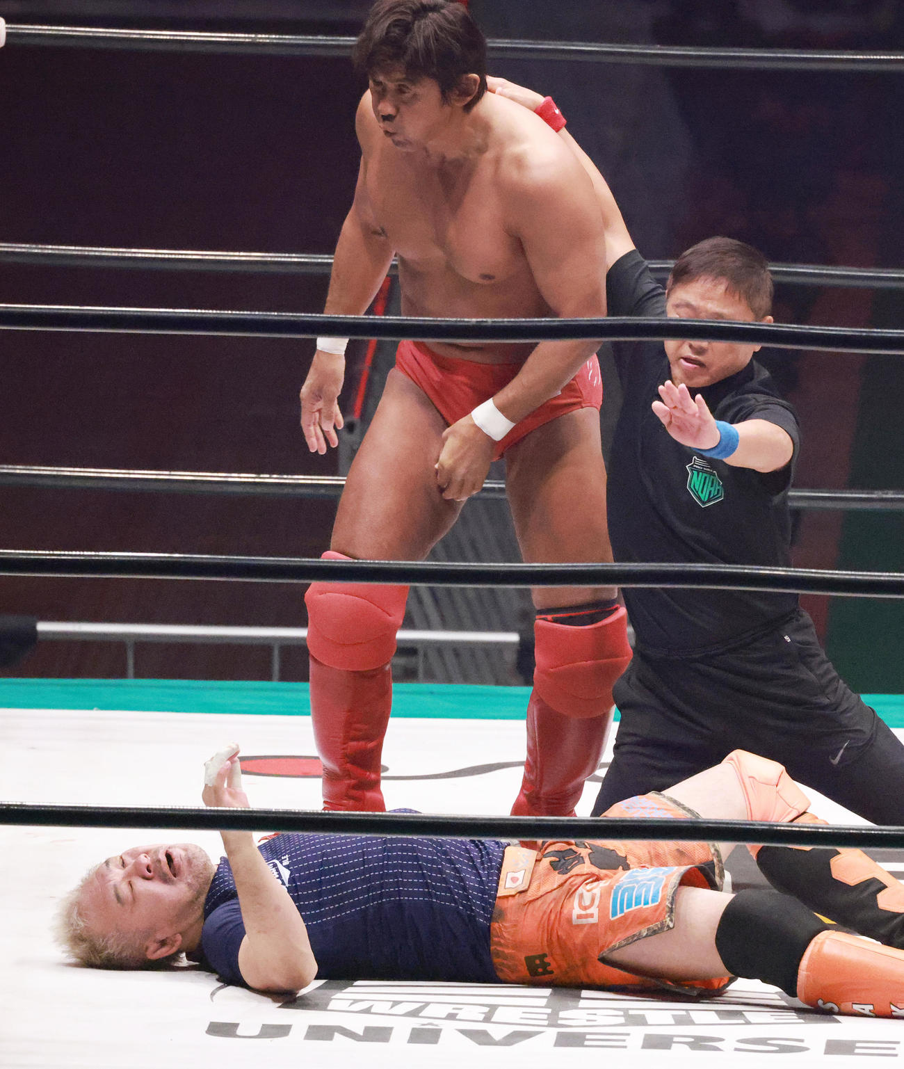 レフェリーストップで桜庭（下）を倒しGHCナショナル選手権防衛に成功した船木（撮影・中島郁夫）