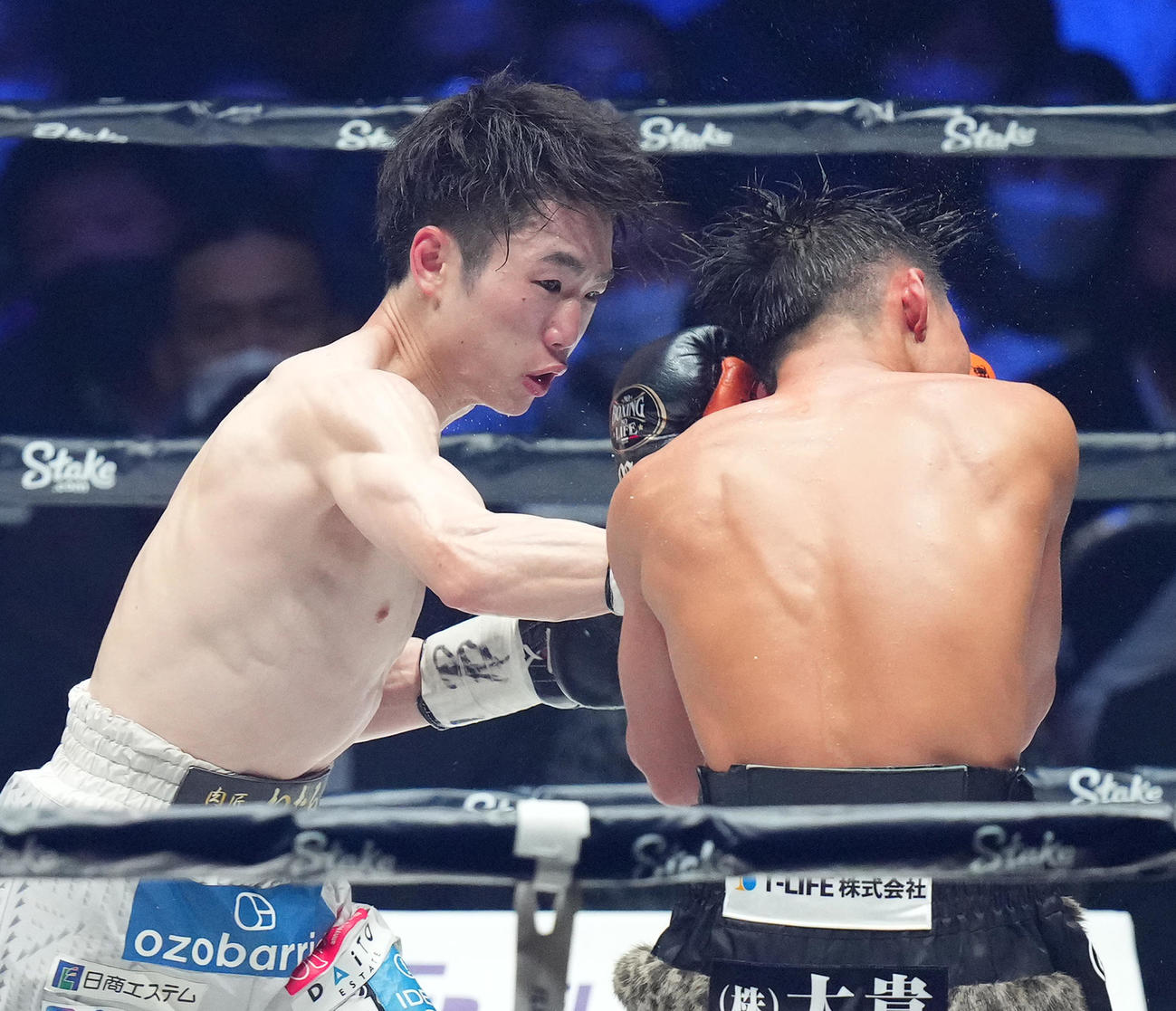 5回、京口（右）に強烈な右をヒットさせダウンを奪う寺地（撮影・菅敏）