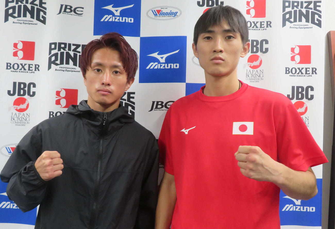 東日本新人王決勝に向け、気合を入れる大橋ジム勢2人。ミニマム級の石井武志（左）とライト級の長沼蒼大