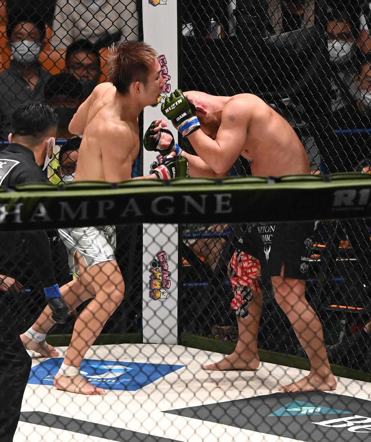 ミノワマンZ対侍マーク・ハント　3回、倉本一真（右）を攻める元谷友貴（撮影・前岡正明）