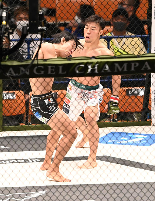 中村優作対征矢貴　1回、征矢貴（左）に右を放つ中村優作（撮影・前岡正明）