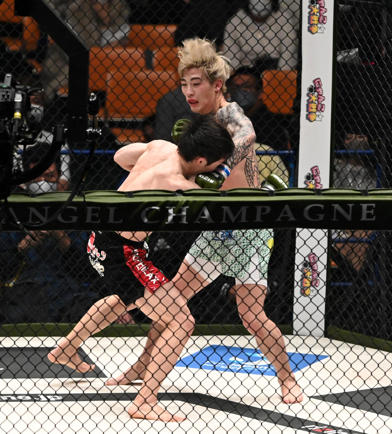 弥益ドミネーター聡志対平本蓮　2回、弥益ドミネーター聡志（左）に左をヒットさせる平本蓮（撮影・前岡正明）