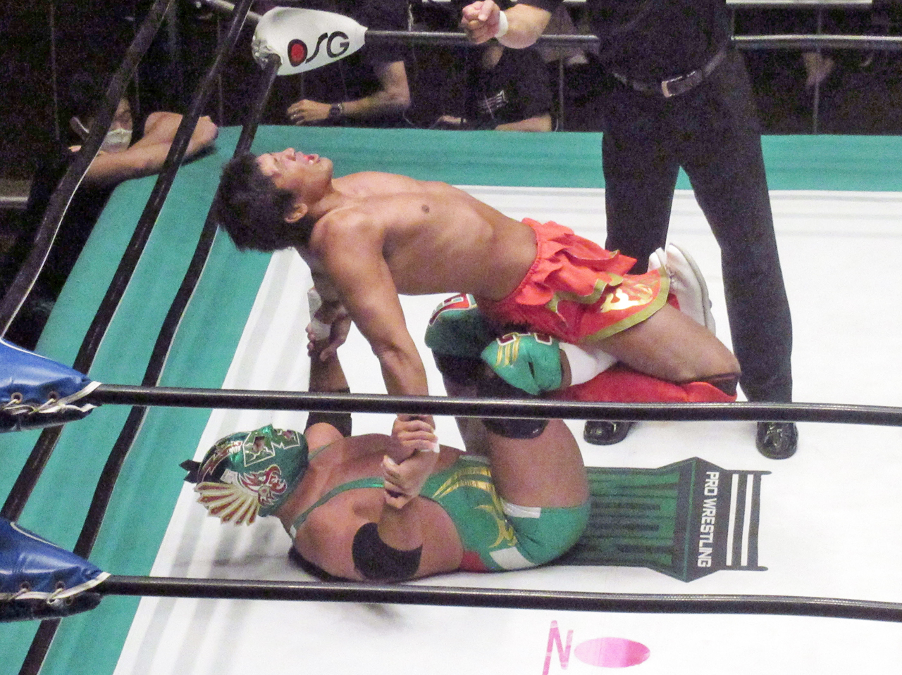 ワグナーJr（下）に吊り天井固めを決められ苦悶（くもん）の表情を浮かべる船木（撮影・勝部晃多）