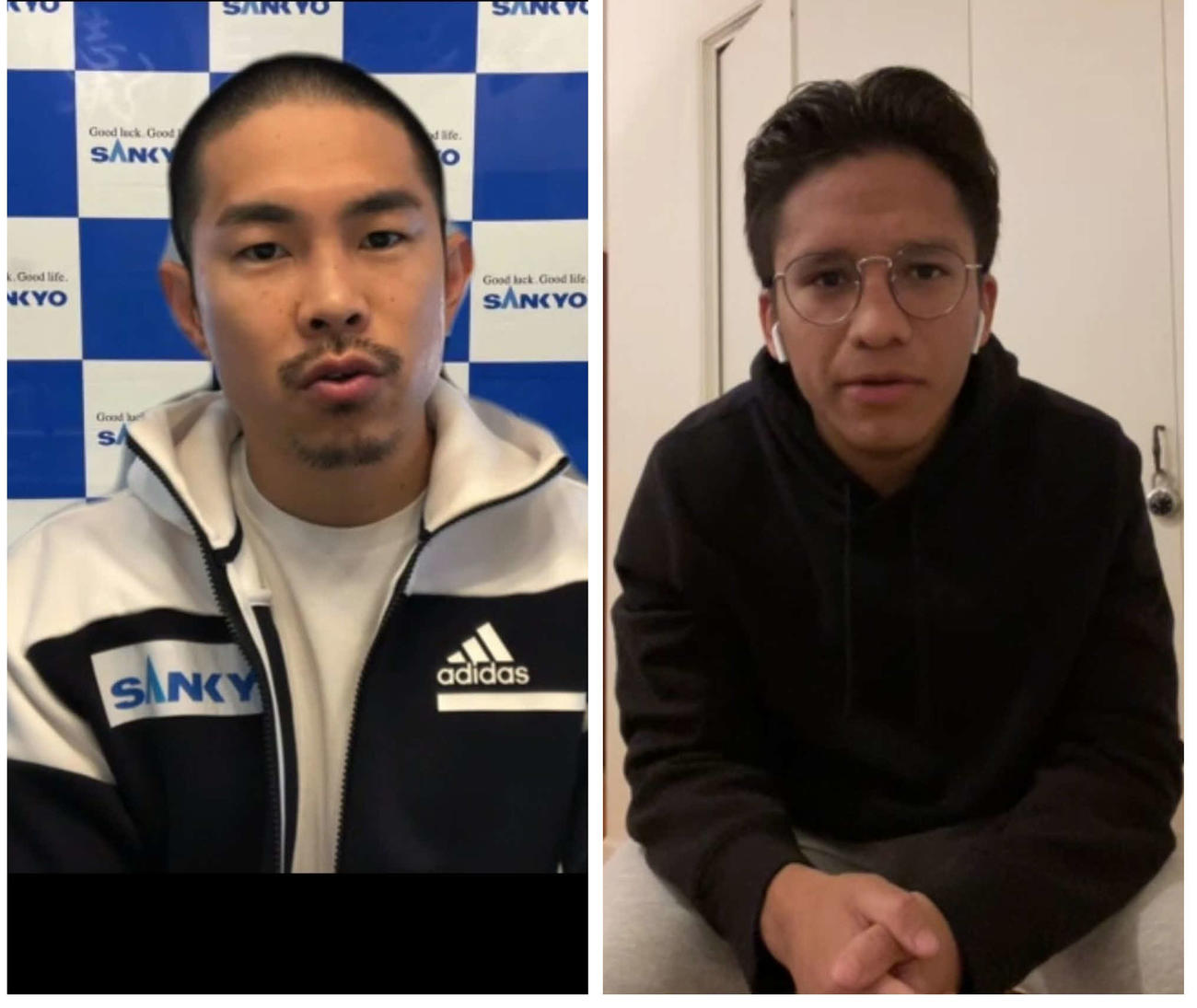 大みそかに王座統一戦に臨むWBO世界スーパーフライ級王者井岡一翔（左）とWBA世界同級王者ジョシュア・フランコが同時オンラインで会見