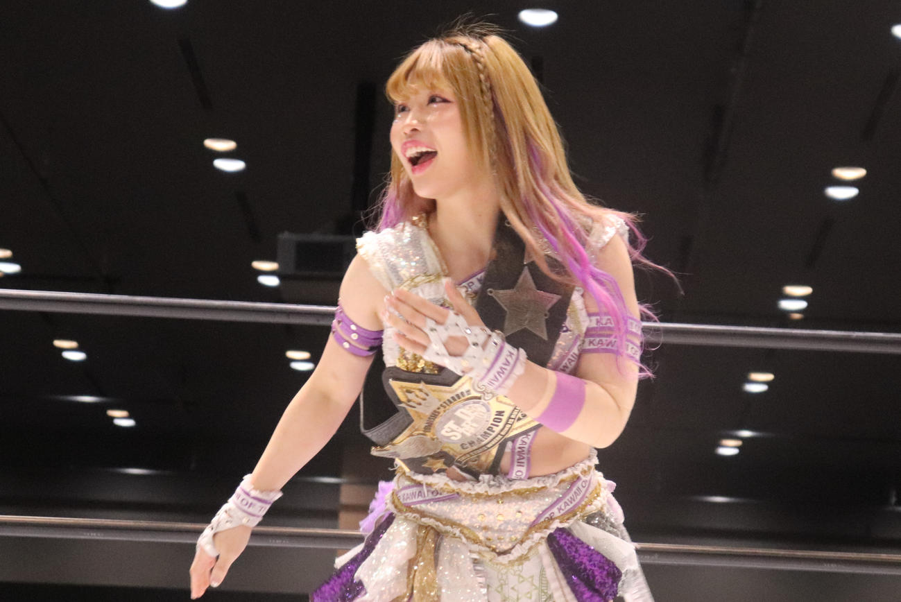 スターダム高田馬場大会　笑顔を見せる中野たむ（撮影・渋谷征平）