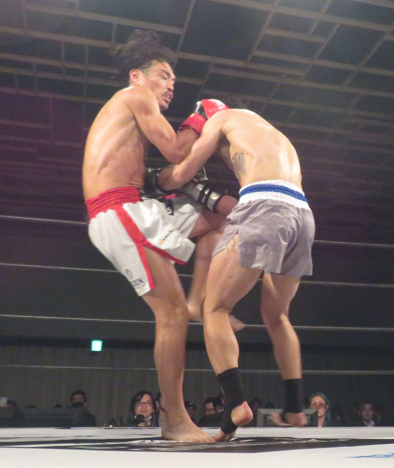 EXECUTIVE FIGHT BUSHIDO　カバシ（右）に膝蹴りを浴びせる安彦（撮影・松熊洋介）