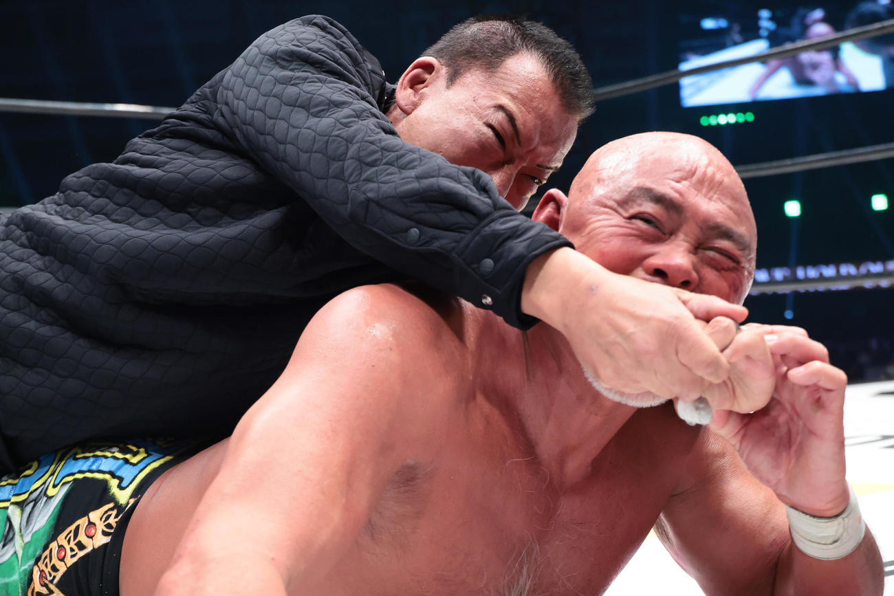 蝶野（左）にSTFをかけられる武藤（プロレスリング・ノア提供）