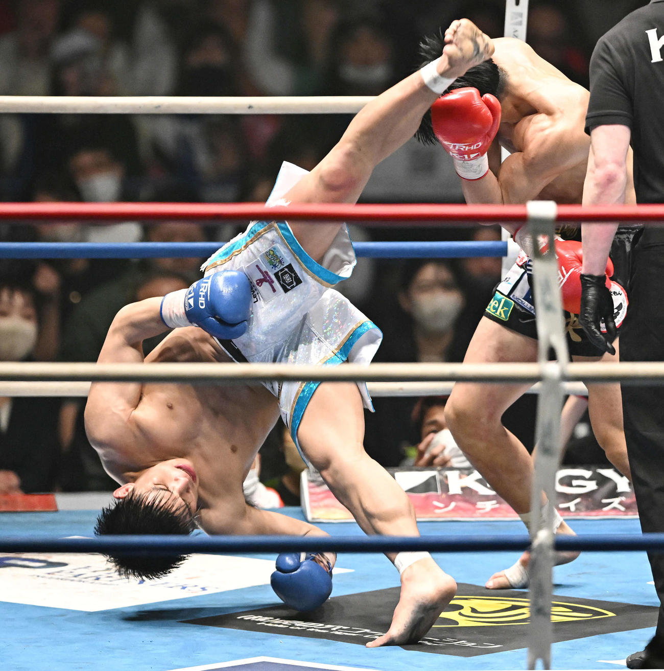 3回、与座（左）は朝久に蹴りを見舞う（撮影・滝沢徹郎）