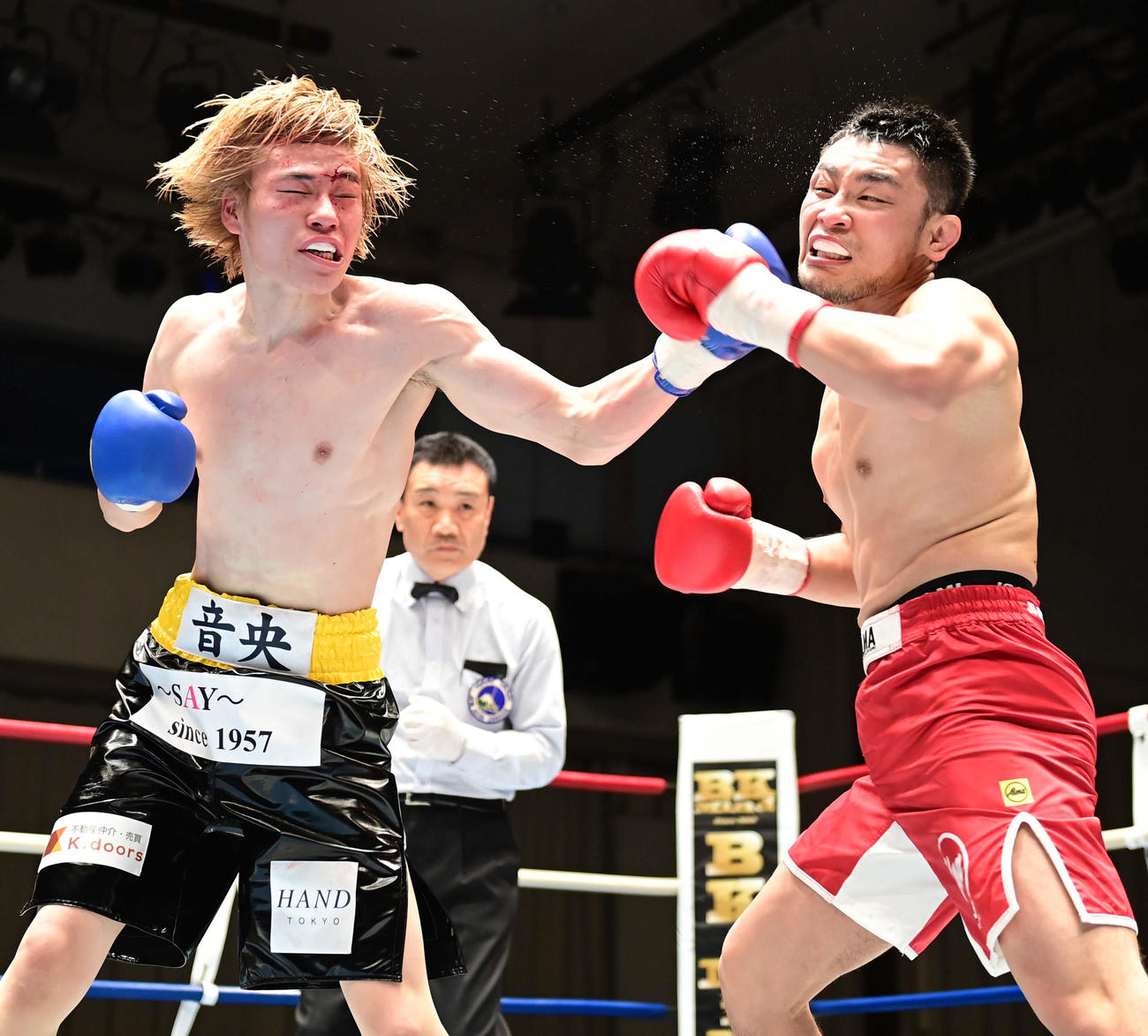 4回、新村（右）にパンチを放つ菊池（撮影・小沢裕）