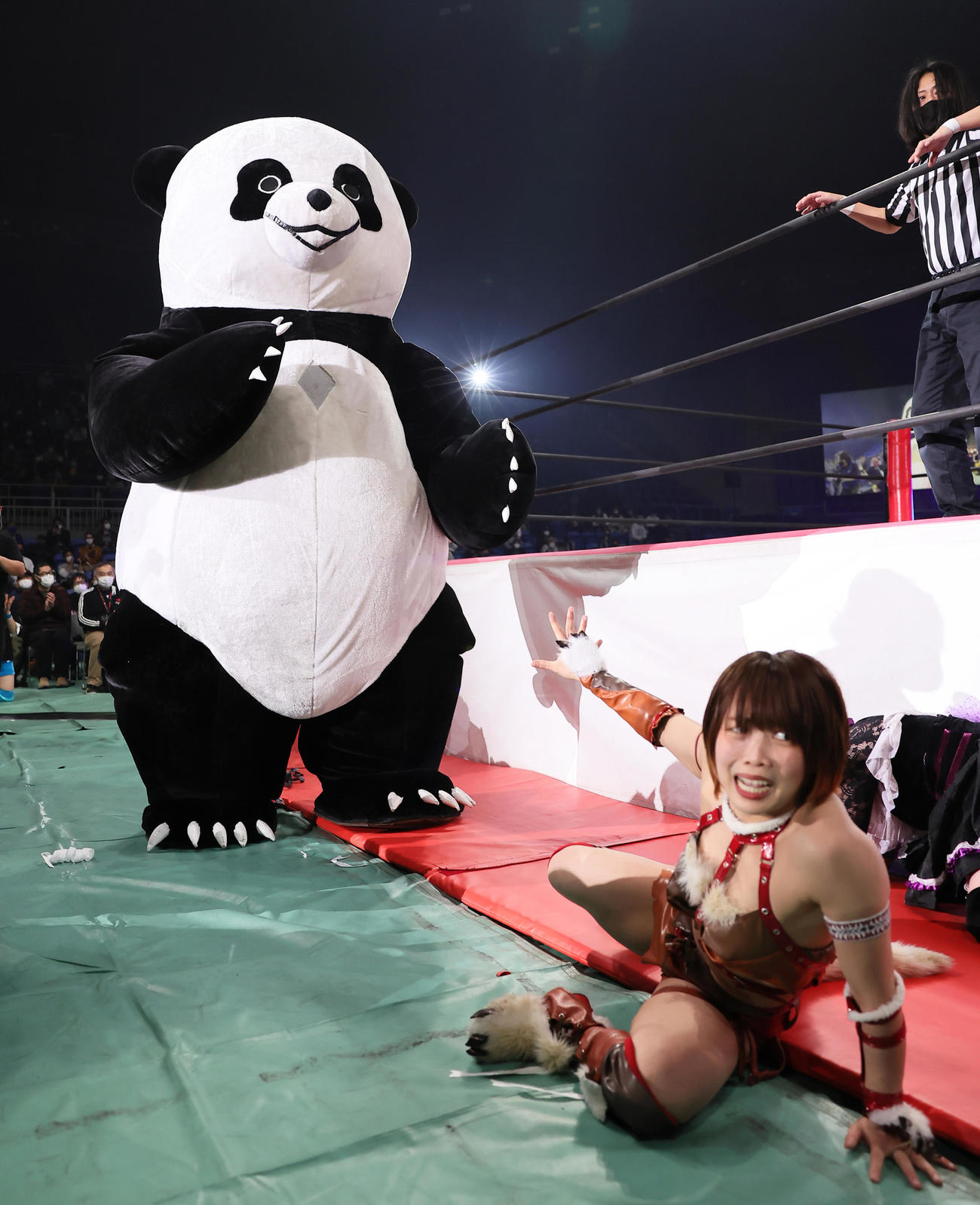 場外で攻めるアンドレザ・ジャイアントパンダ。恐怖の表情を浮かべる中島翔子（撮影・足立雅史）