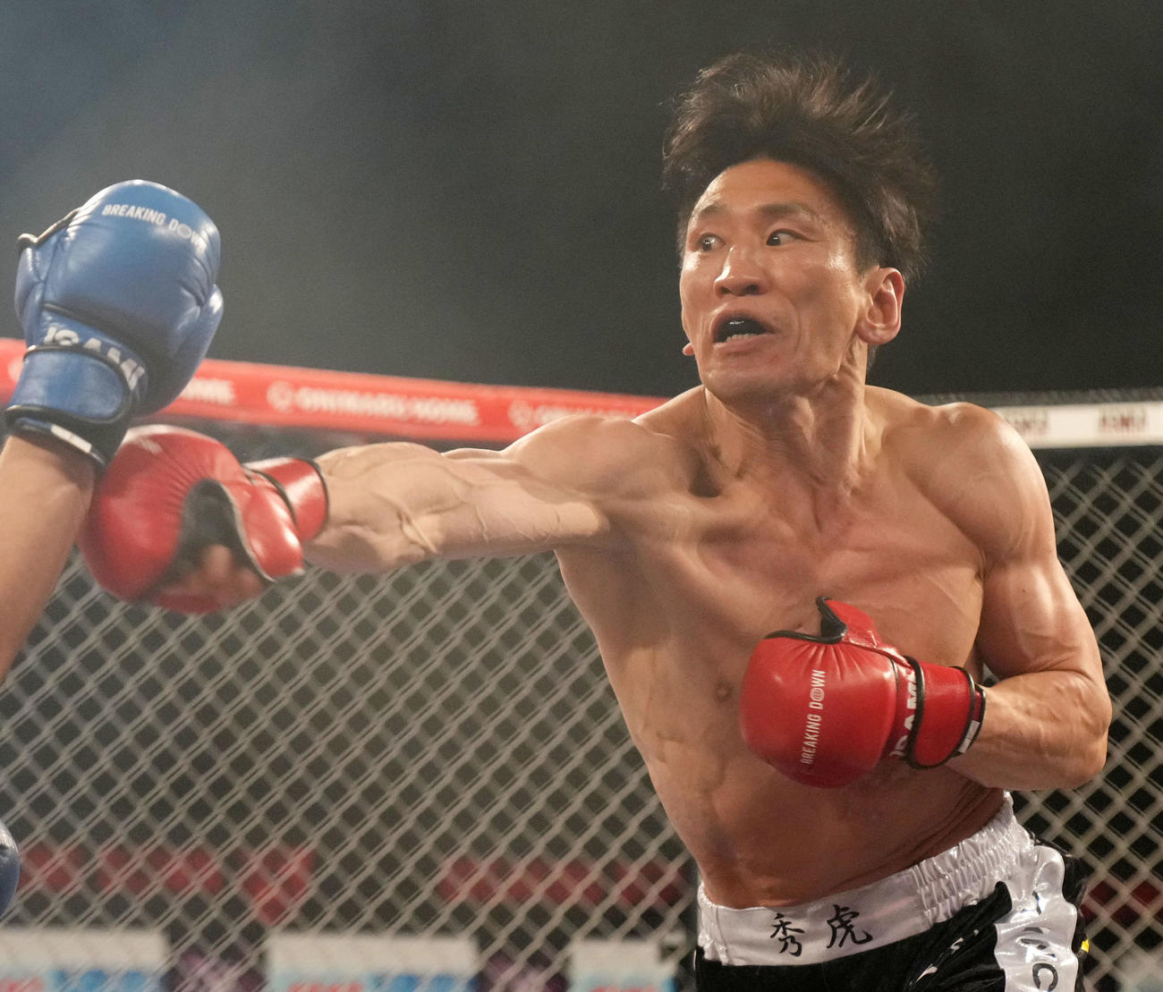 八須拳太郎対秀虎　パンチを放つ秀虎（撮影・横山健太）