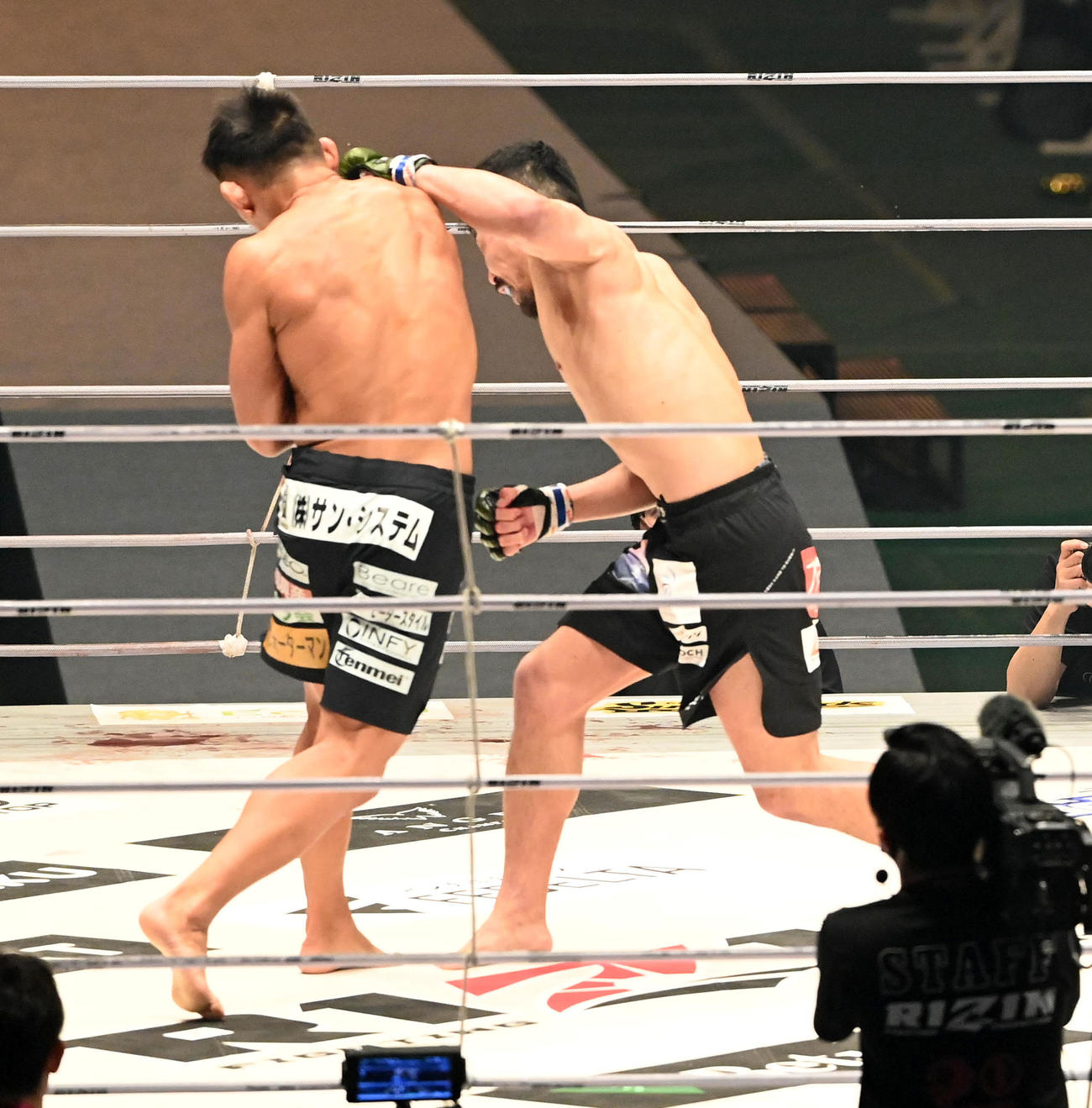 ストラッサー起一対中村K太郎　2回、ストラッサー起一（左）を破った中村K太郎（撮影・前岡正明）