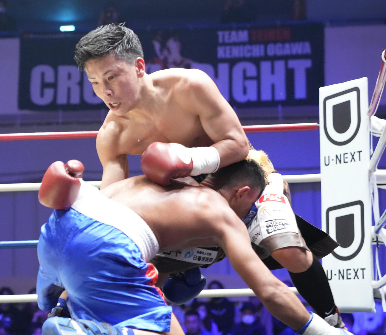 3回、バロロ（下）へのボディーでダウンを奪いKO勝ちを収めた岩田（撮影・小沢裕）