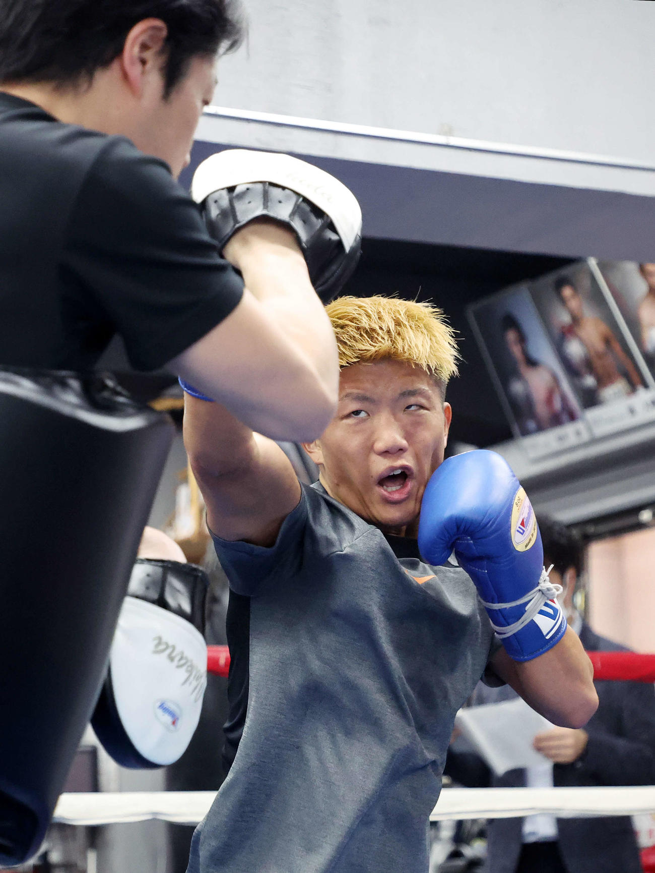 公開トレーニングでミット打ちする重岡銀次朗（撮影・鈴木正人）