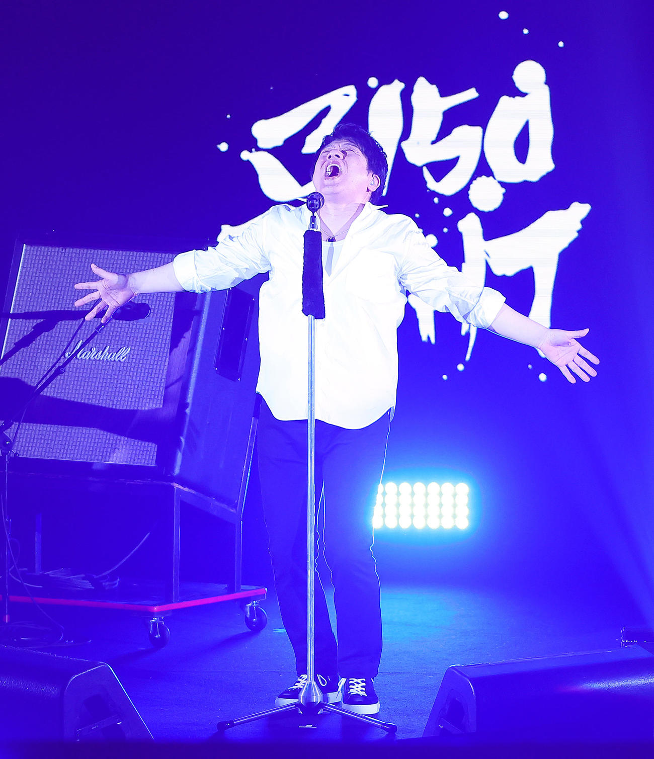 ハーフタイムショーで歌うASKA（撮影・足立雅史）