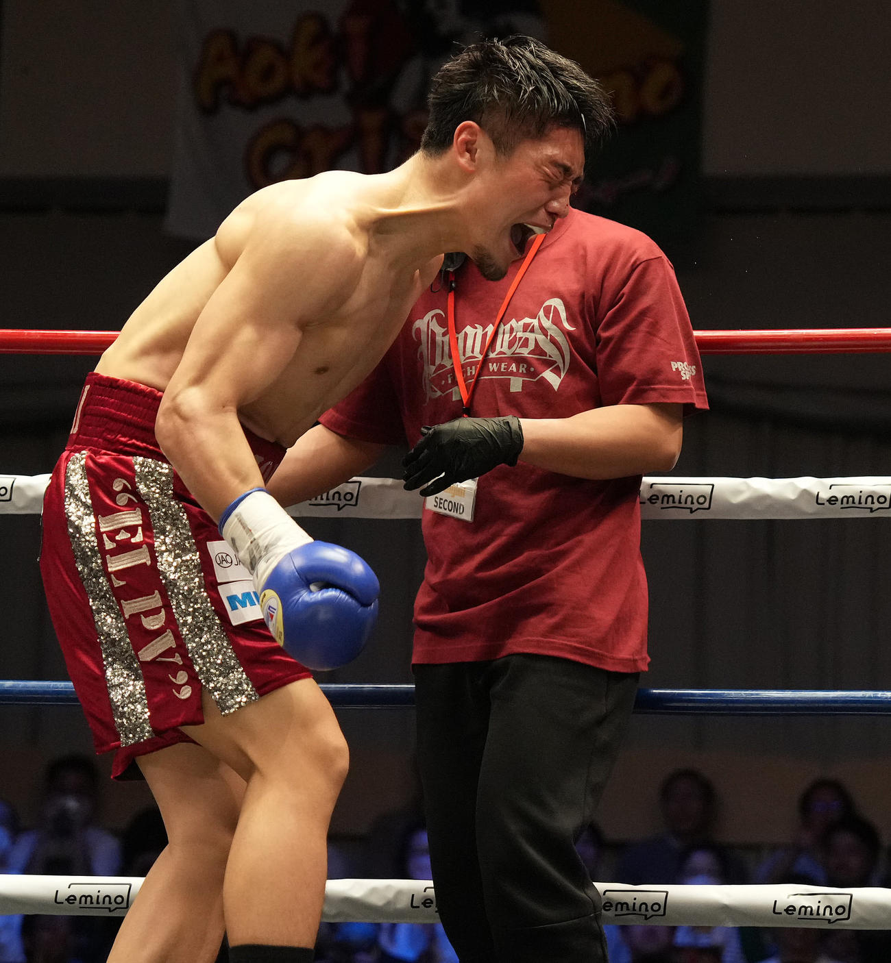 重田対坂井　重田に2回TKO勝ちし、雄たけびを上げる坂井（撮影・鈴木みどり）