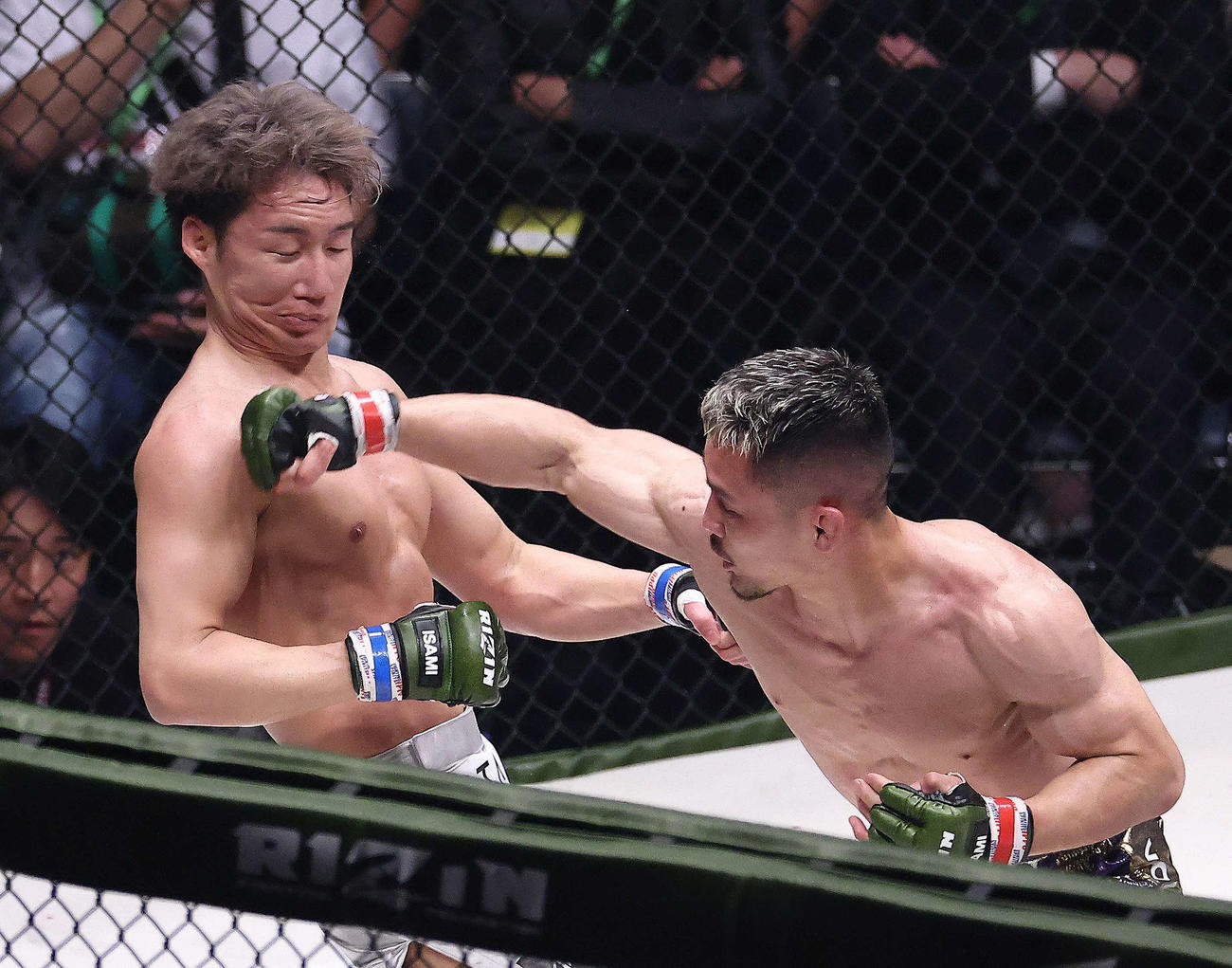 3回、朝倉未来（左）を攻める牛久絢太郎（撮影・河田真司）
