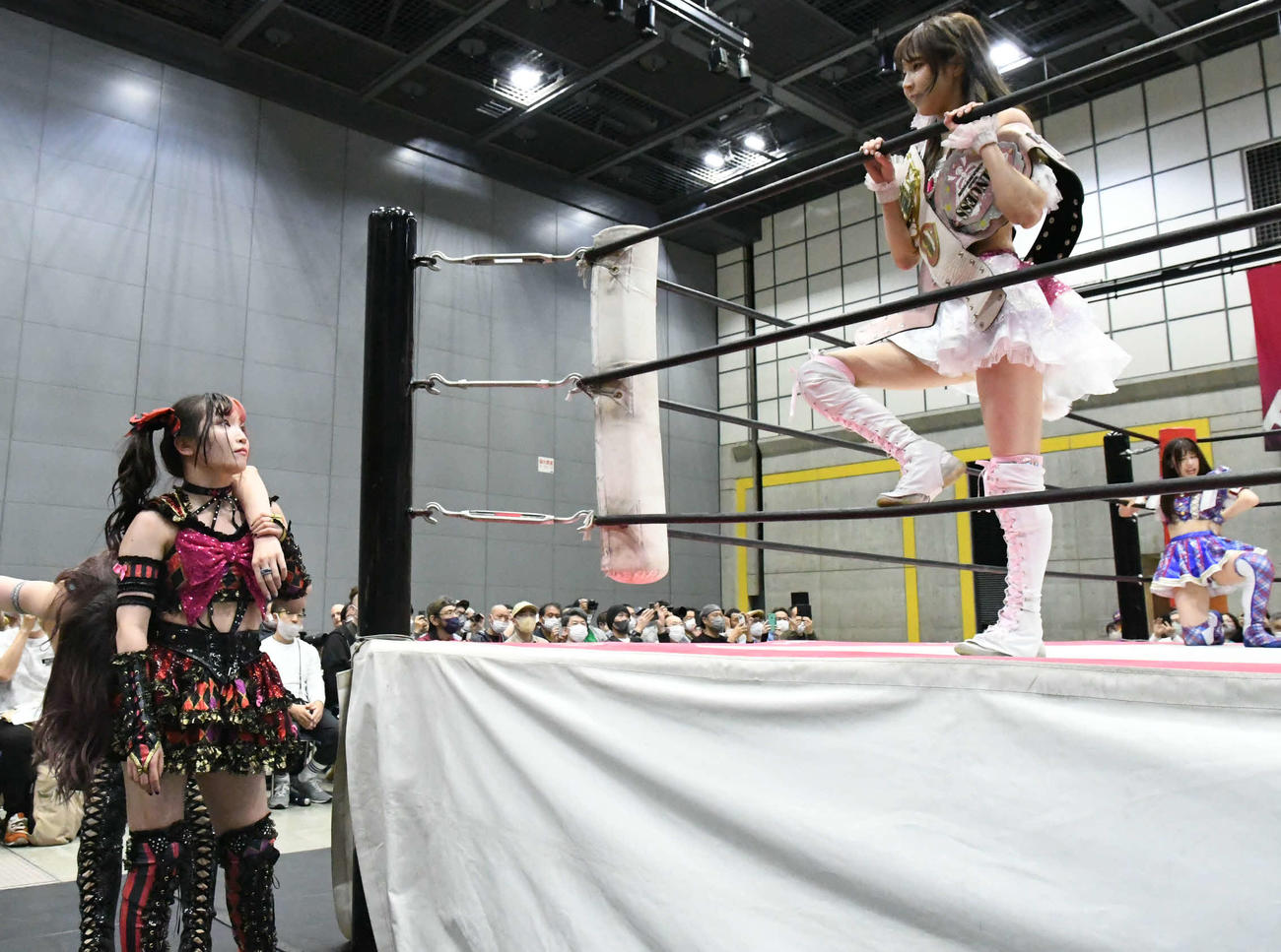 東京女子プロレス静岡大会　リング下の伊藤麻希とにらみ合う瑞希（東京女子プロレス提供）